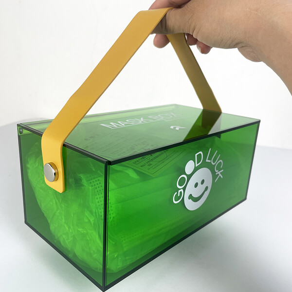 Green Clear Acrylic Mask Storage Box With Up Handle Part For Easy Access